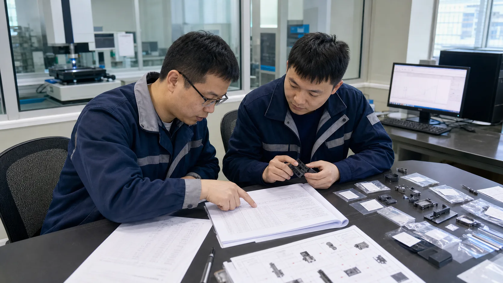 质量人员核对多型号检测报告与样品编号