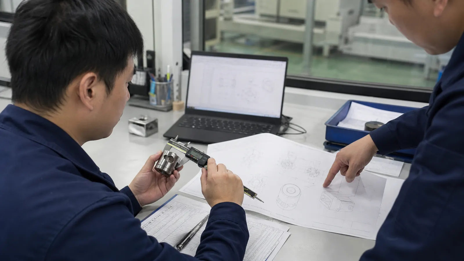 质量人员对照零件图纸核对卡尺检测照片中的测量位置