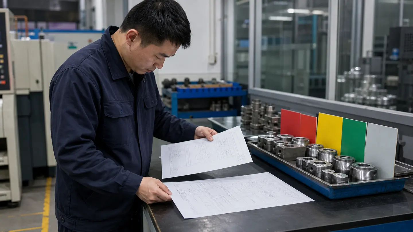 技术人员在质量隔离区核对新版图纸与在制品状态