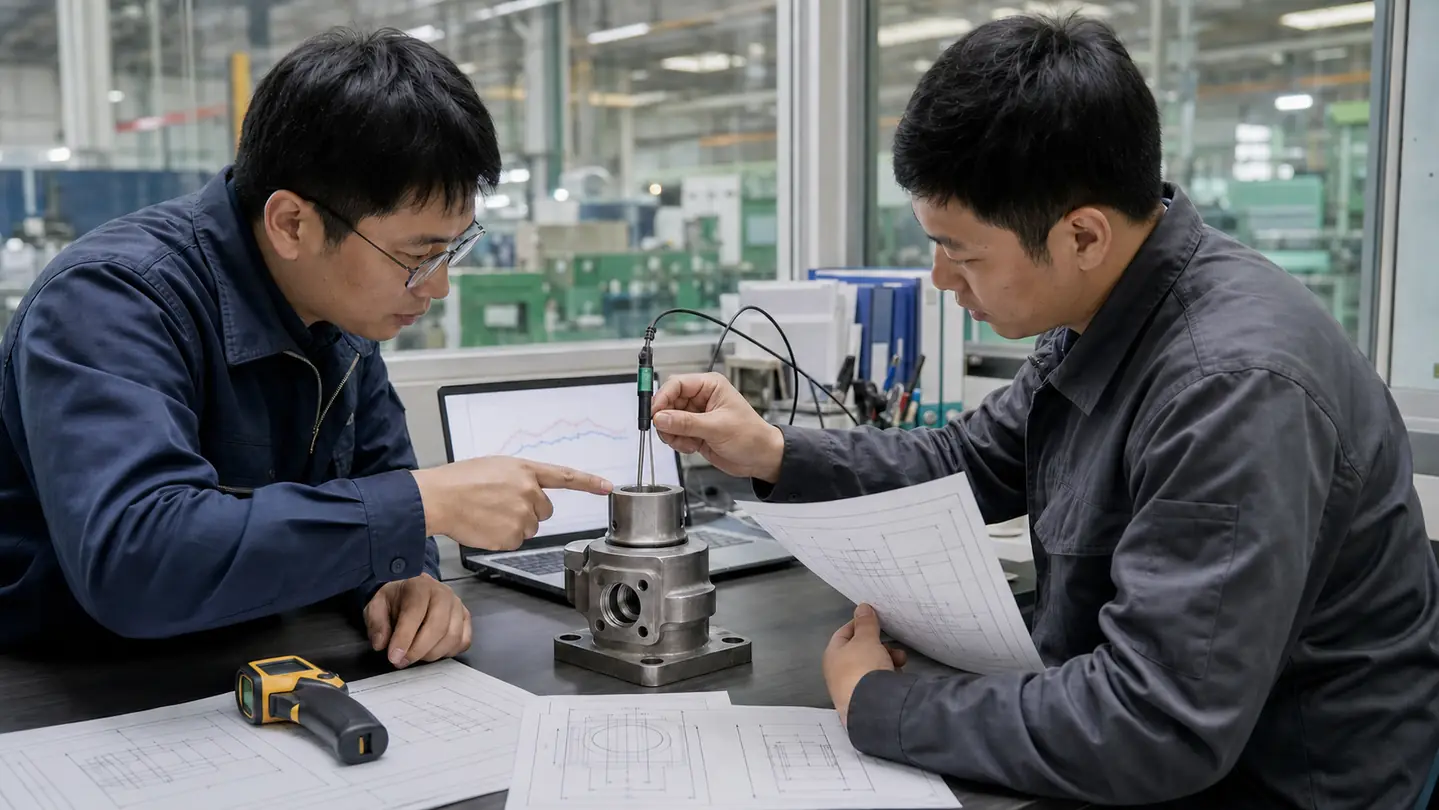 销售与技术人员用温度探头核对工业部件选型条件