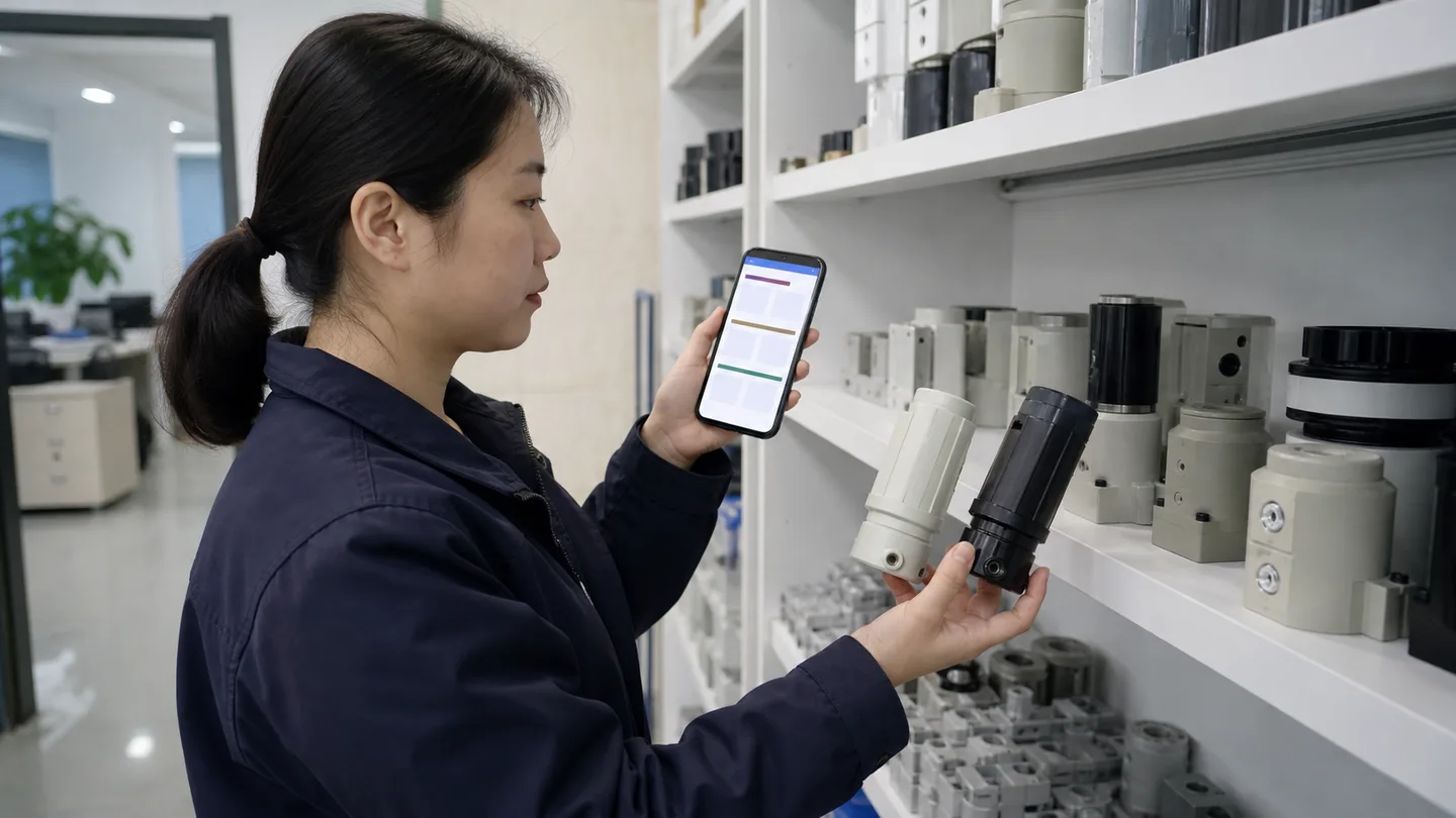 网站运营人员在产品样品架旁核对手机参数页