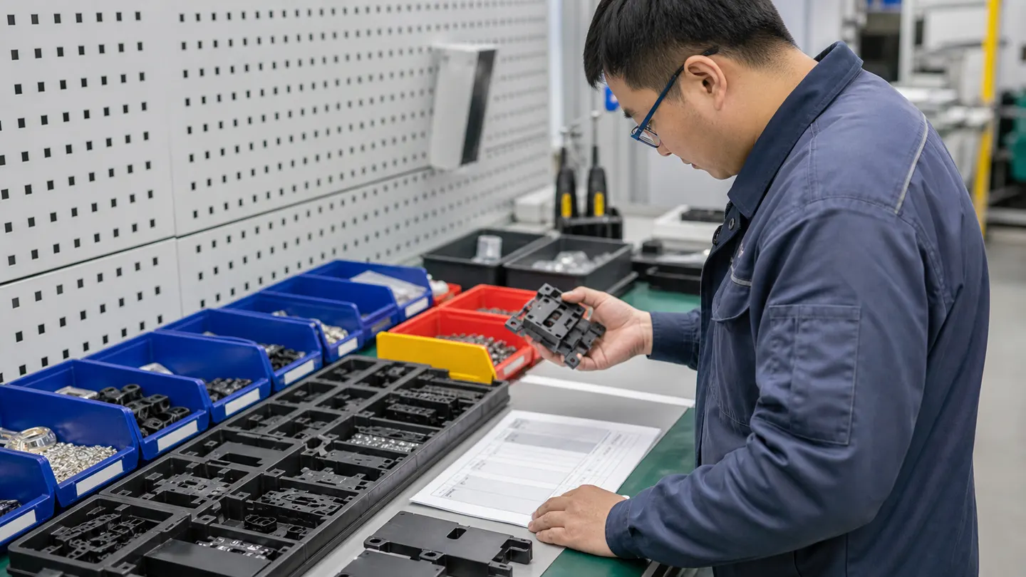 工程师在生产准备区核对样品与量产物料