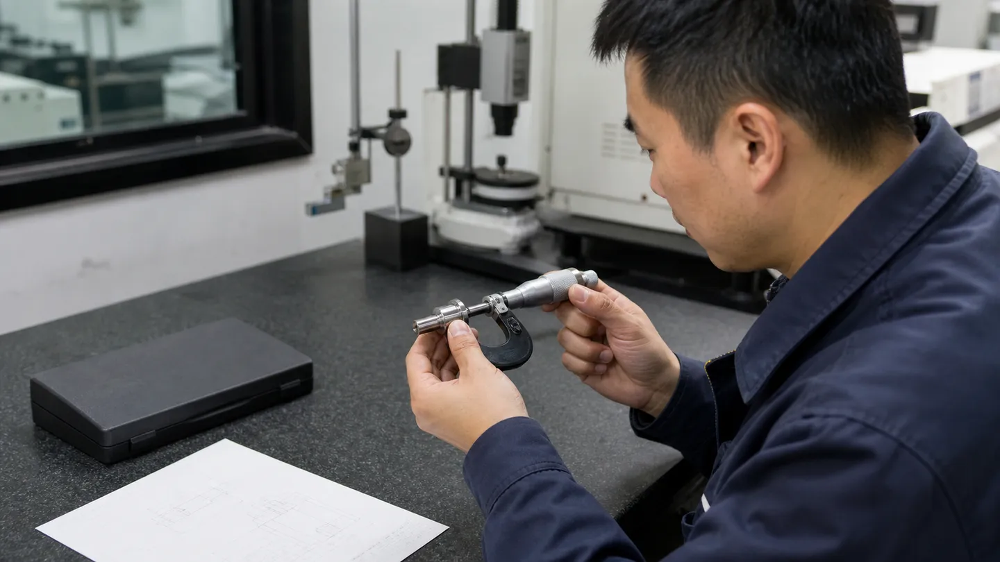 质量检验员用千分尺测量精密金属零件