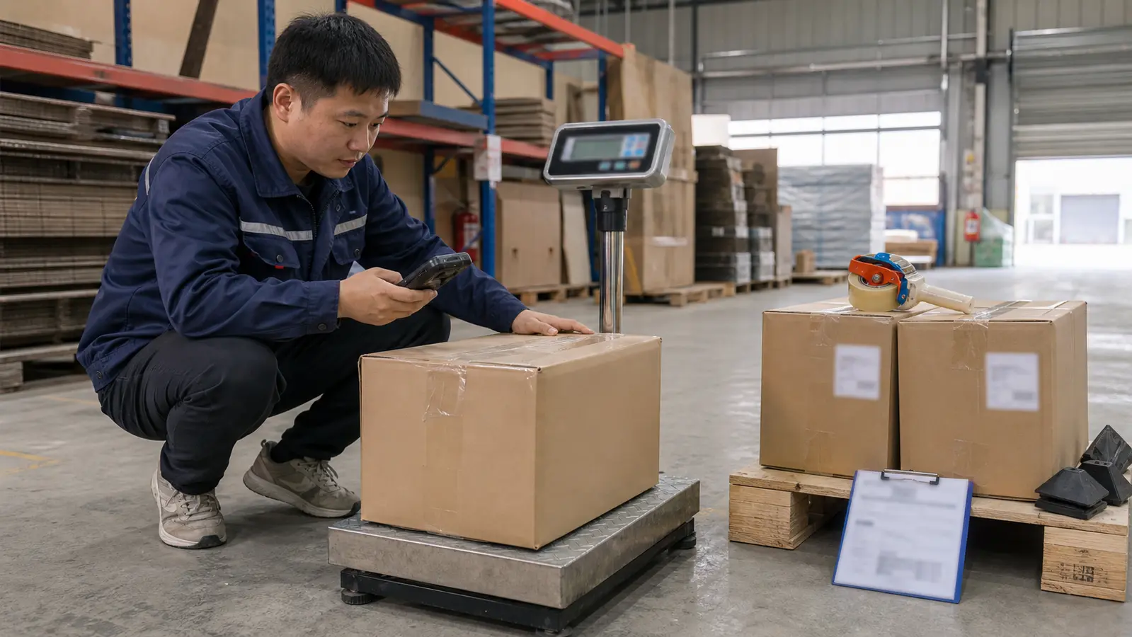 仓库发运人员称量封装外箱并核对重量记录