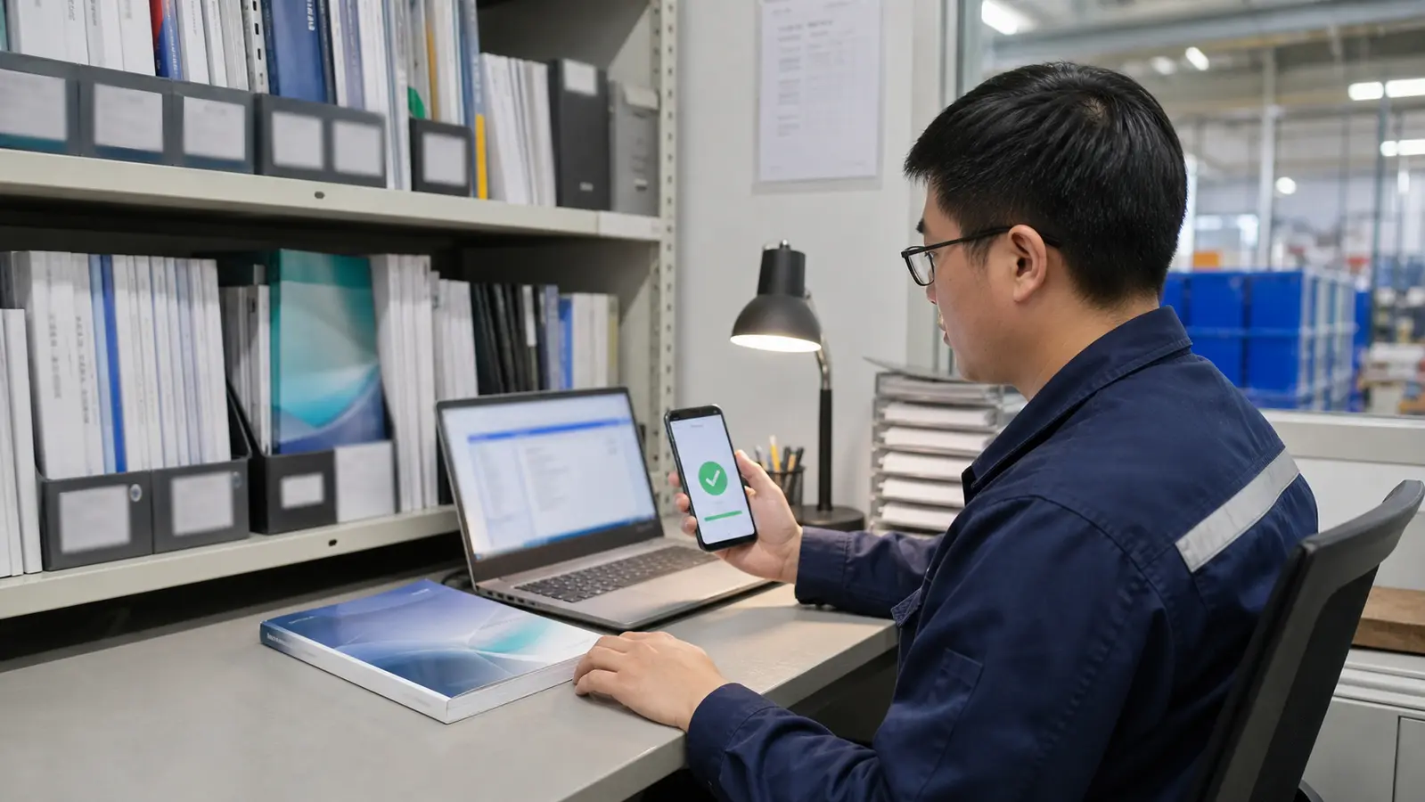 运营人员用手机和笔记本核对同一下载文件版本