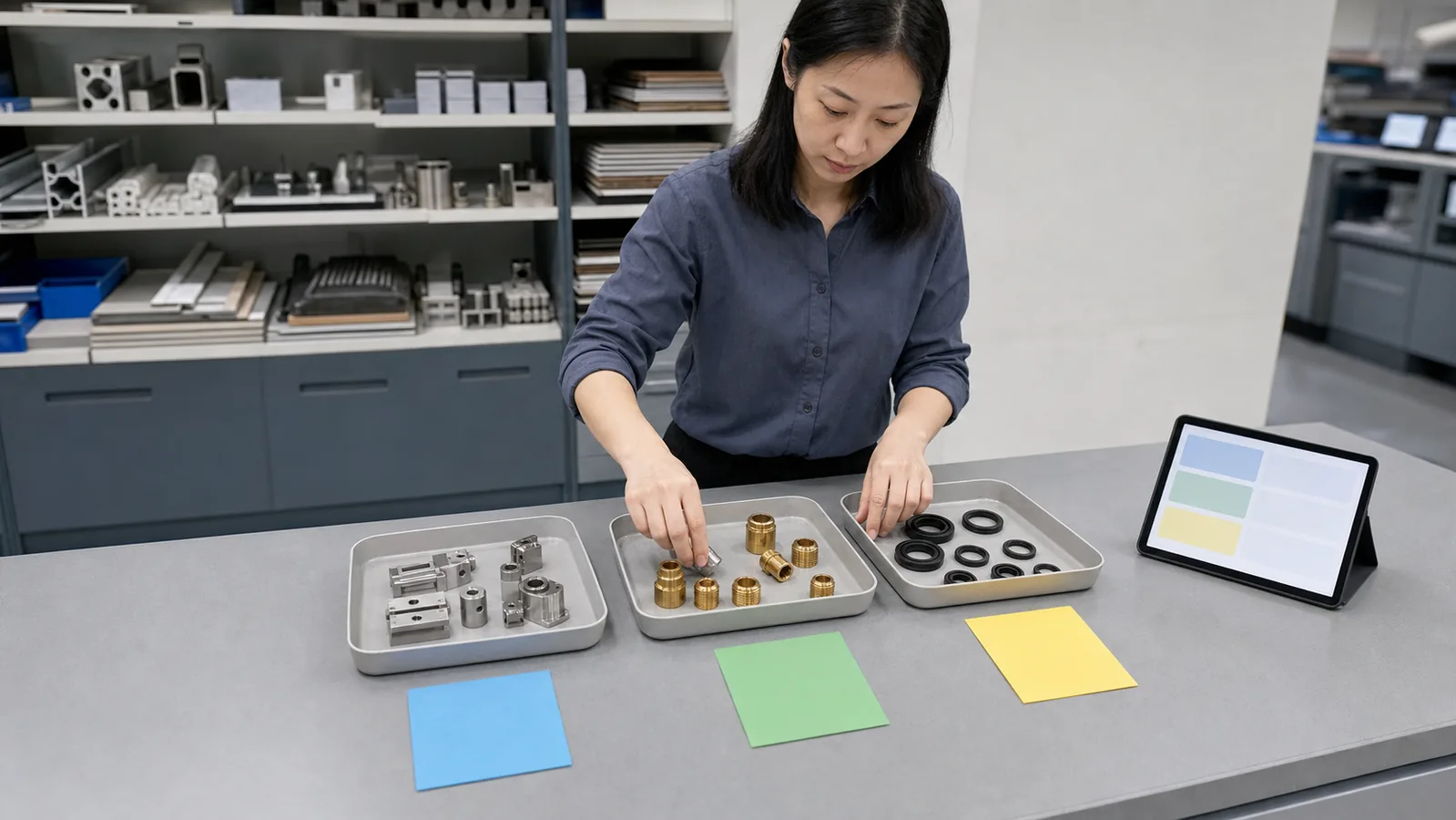 销售协调员在站立工作台分拣工业样件和询盘卡片