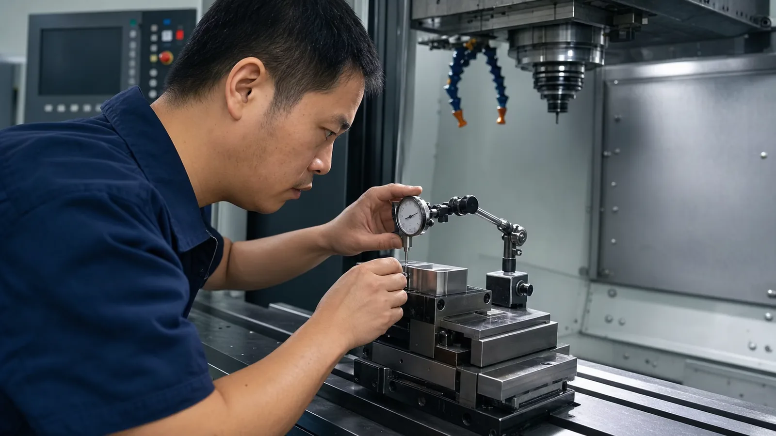 技术员在数控机床内核对工装基准与量表读数