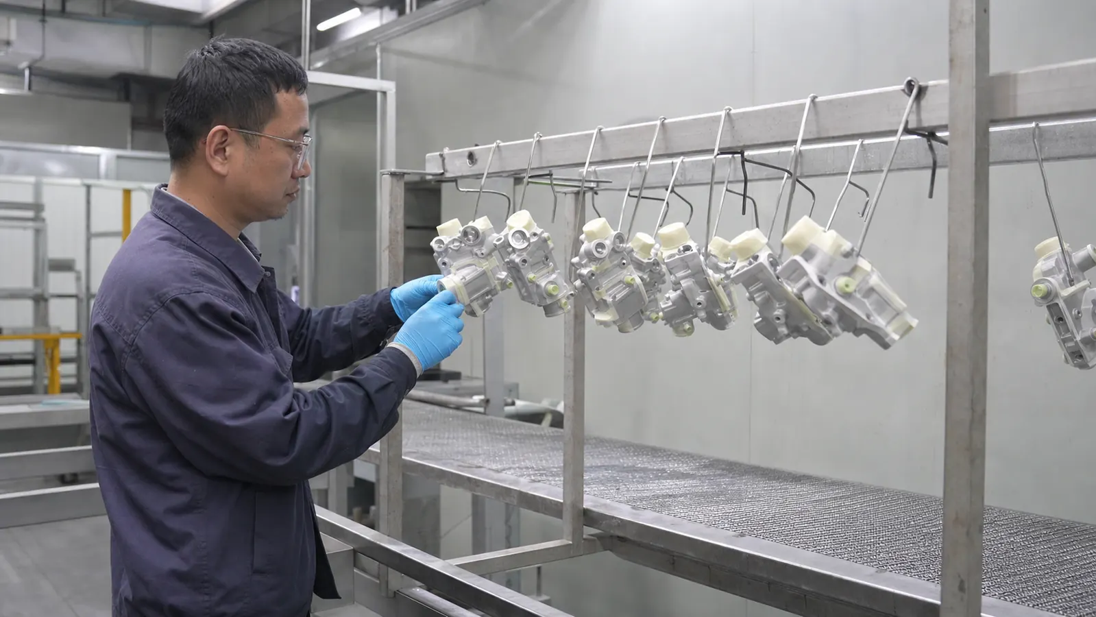 操作者在表面处理工位检查挂架零件的遮蔽塞与处理边界