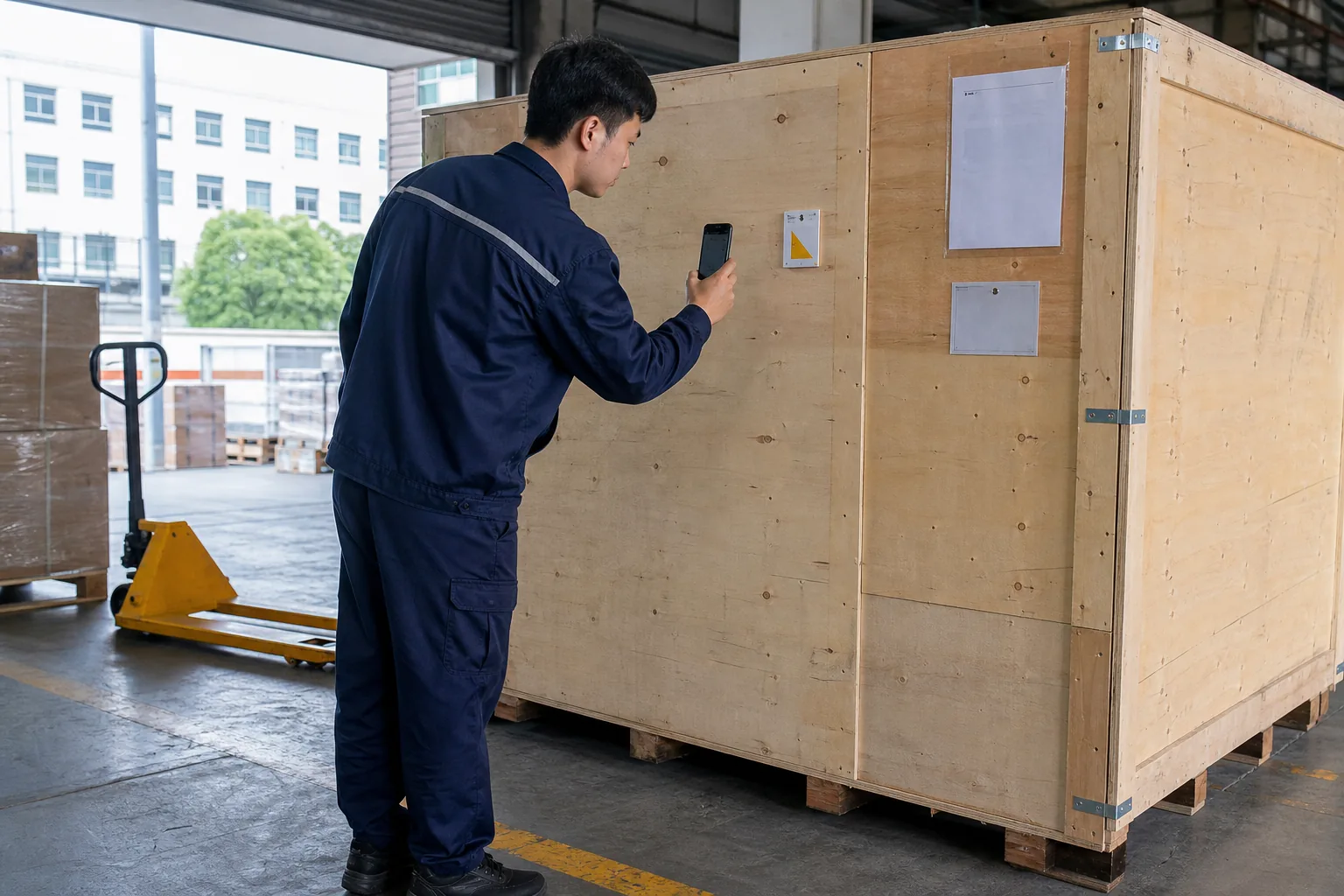 仓库收货人员检查木箱倾斜指示器变色状态