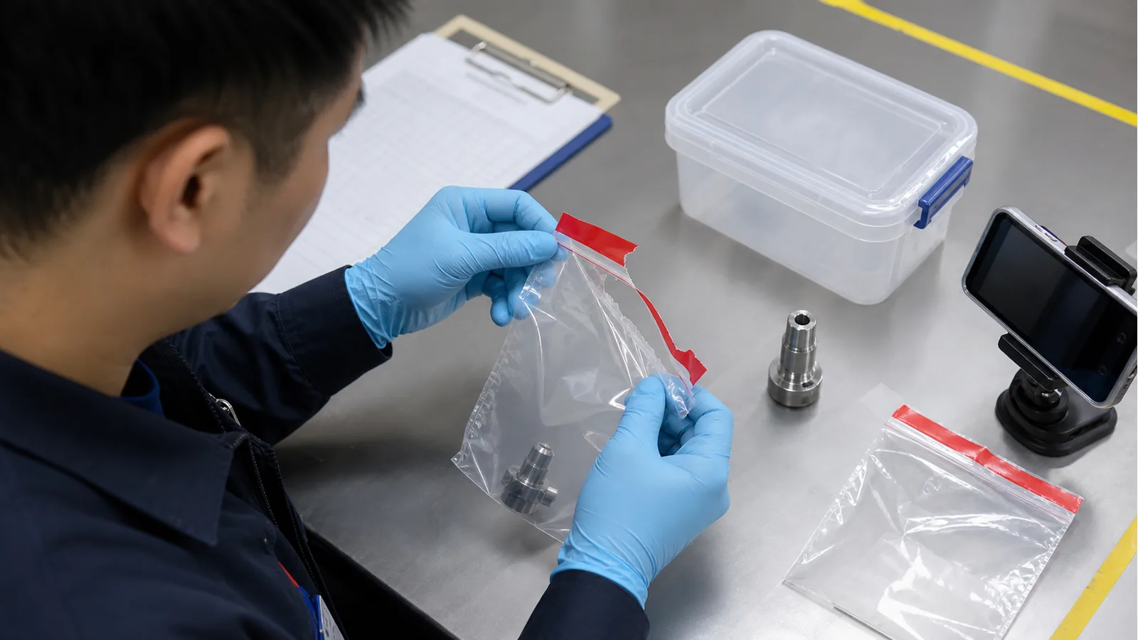 质量检验员核对封签破损留样的容器与样品状态