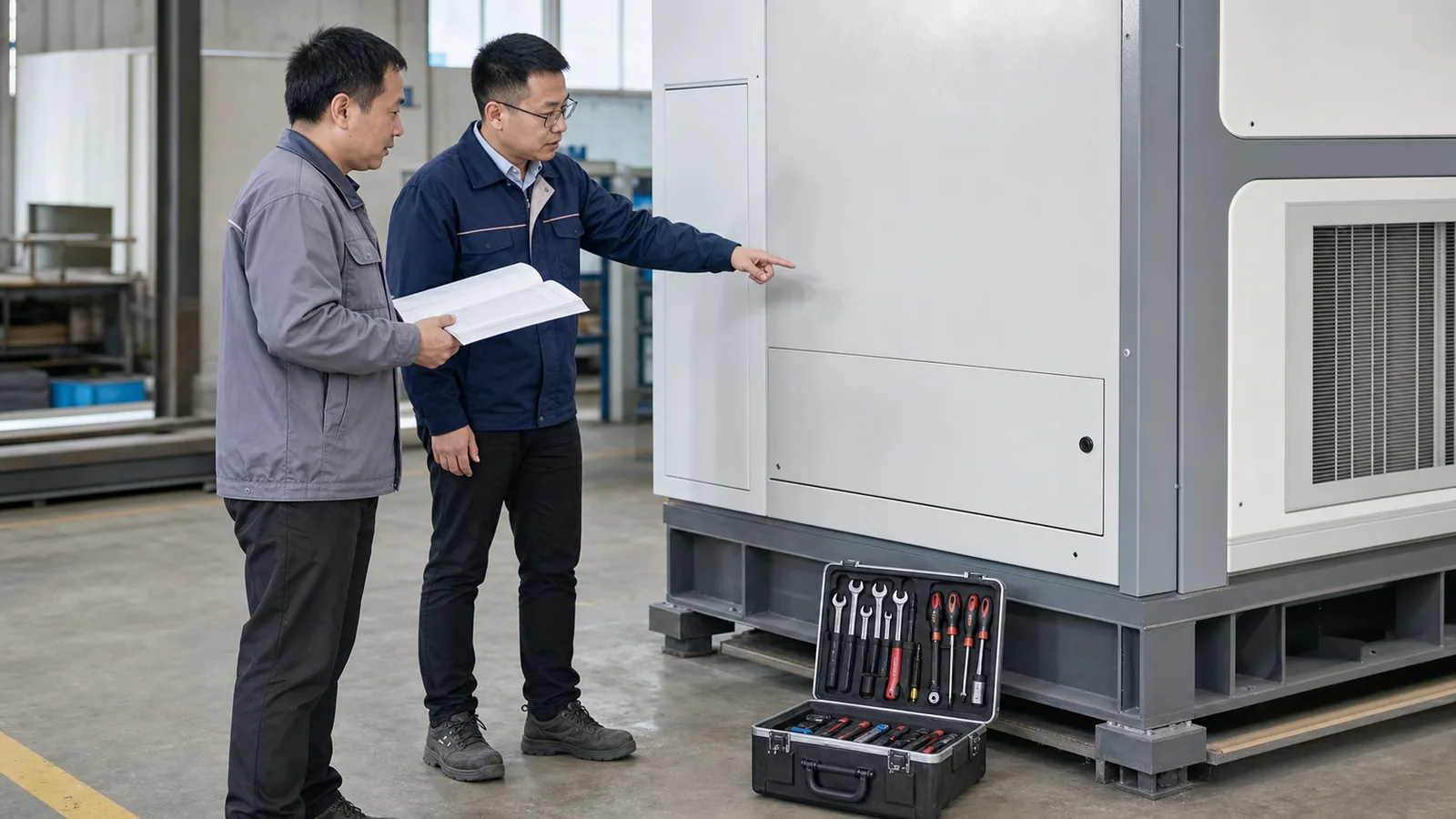 客户技术员与售后工程师核对设备安装手册和角色分工