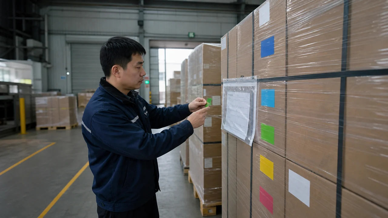 仓储人员在发运区核对材料证书与箱内批次