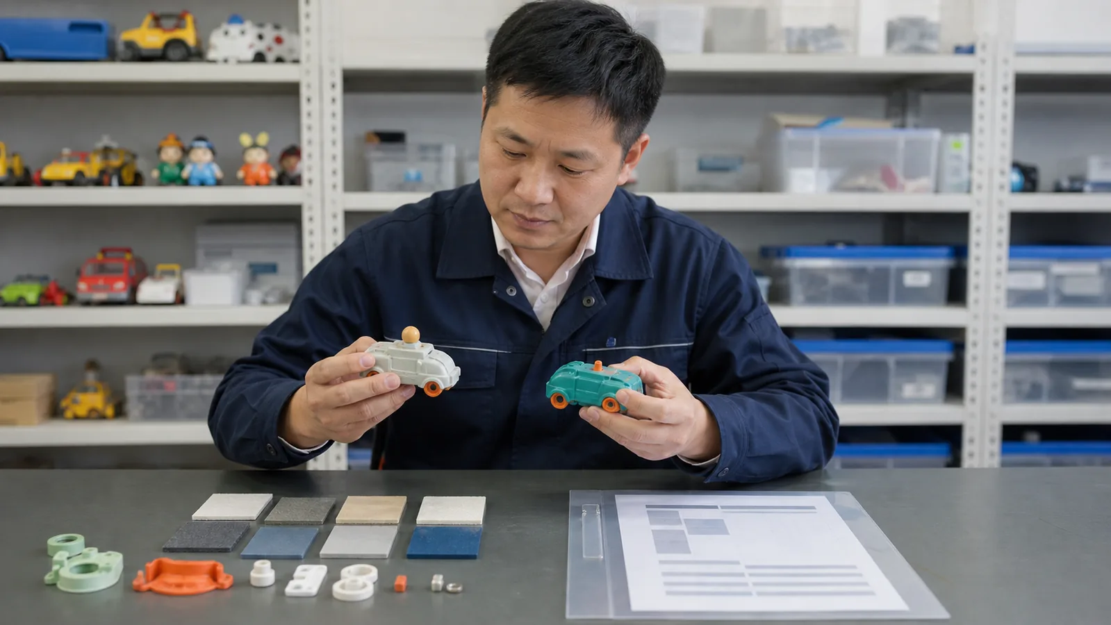 制造业负责人核对玩具加工新旧款样品与测试报告范围