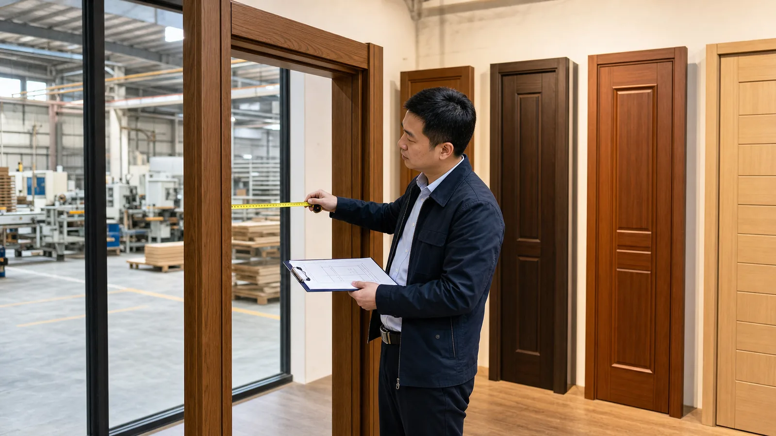 外贸负责人在木门样品间核对门框开口尺寸