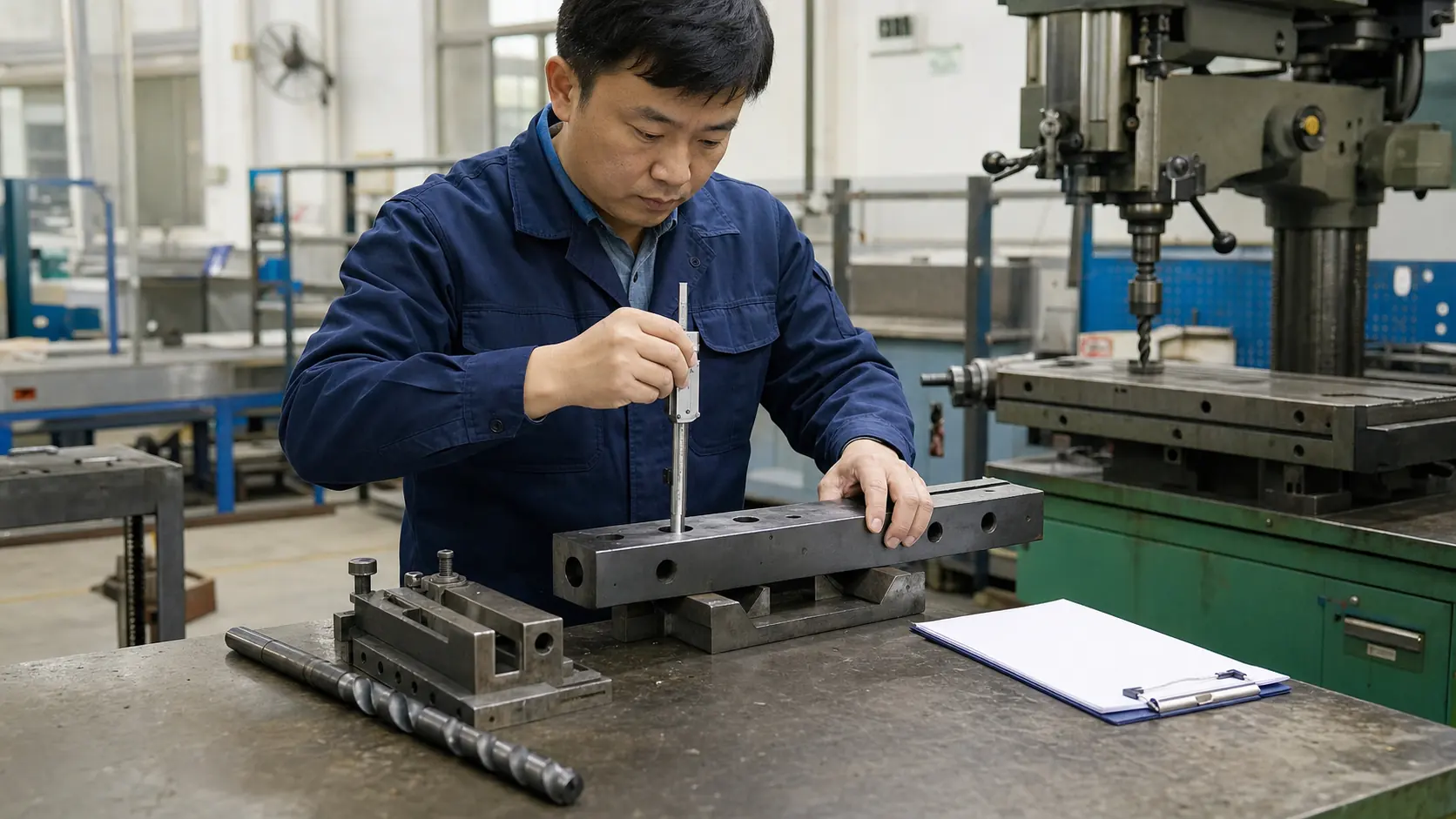 生产负责人核对钻削加工深孔首件与工艺条件