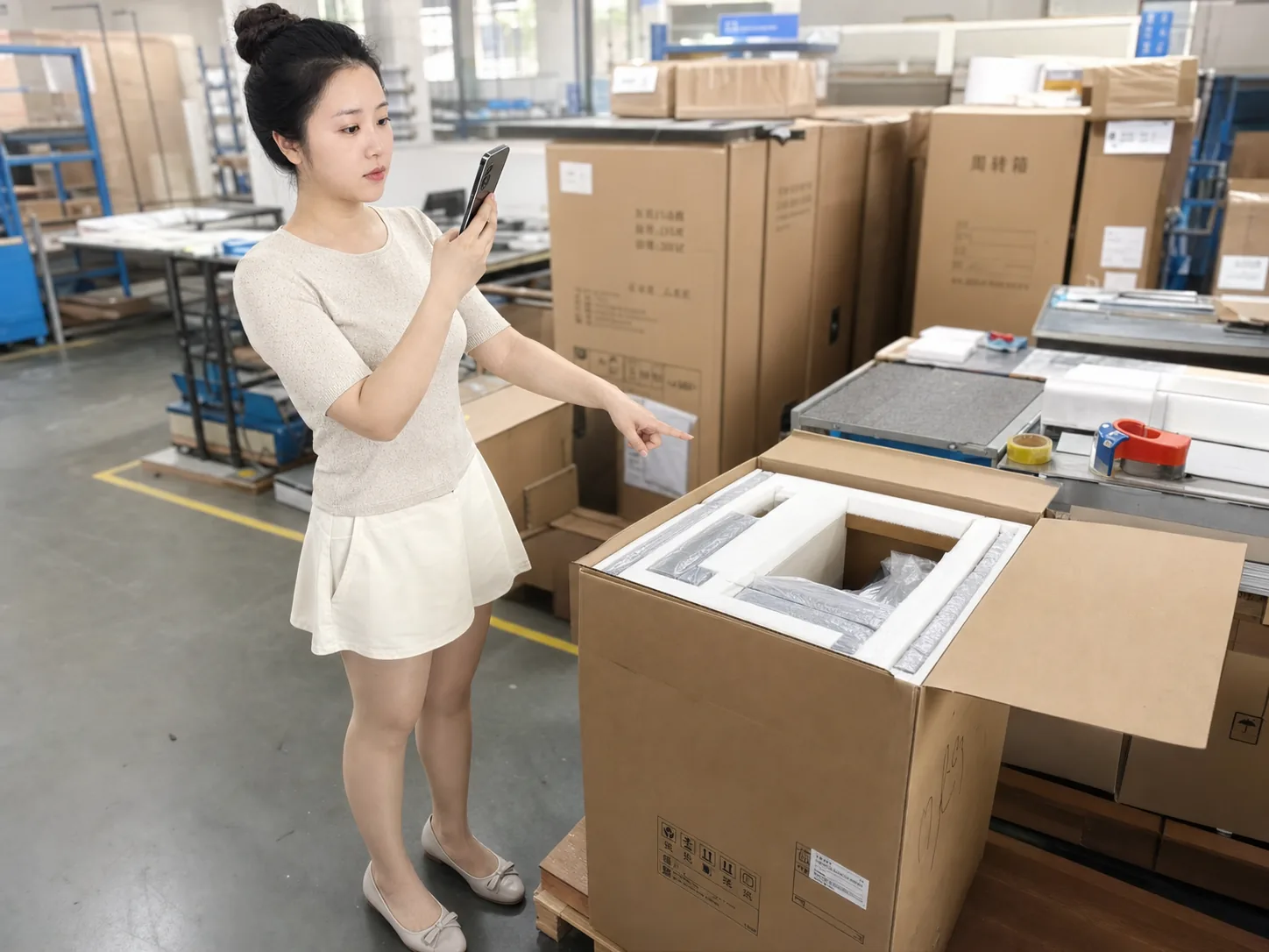自媒体拍摄人员记录氟化硼定制到货包装核对现场