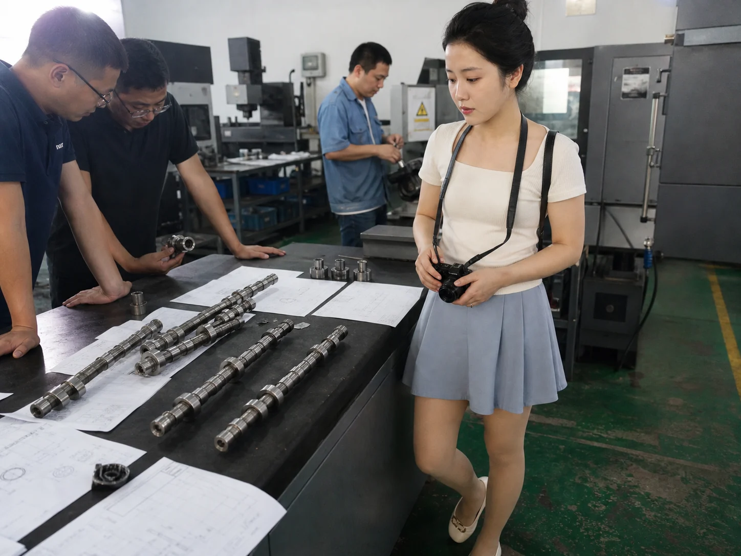 自媒体拍摄人员记录凸轮轴加工供应商样品评审现场