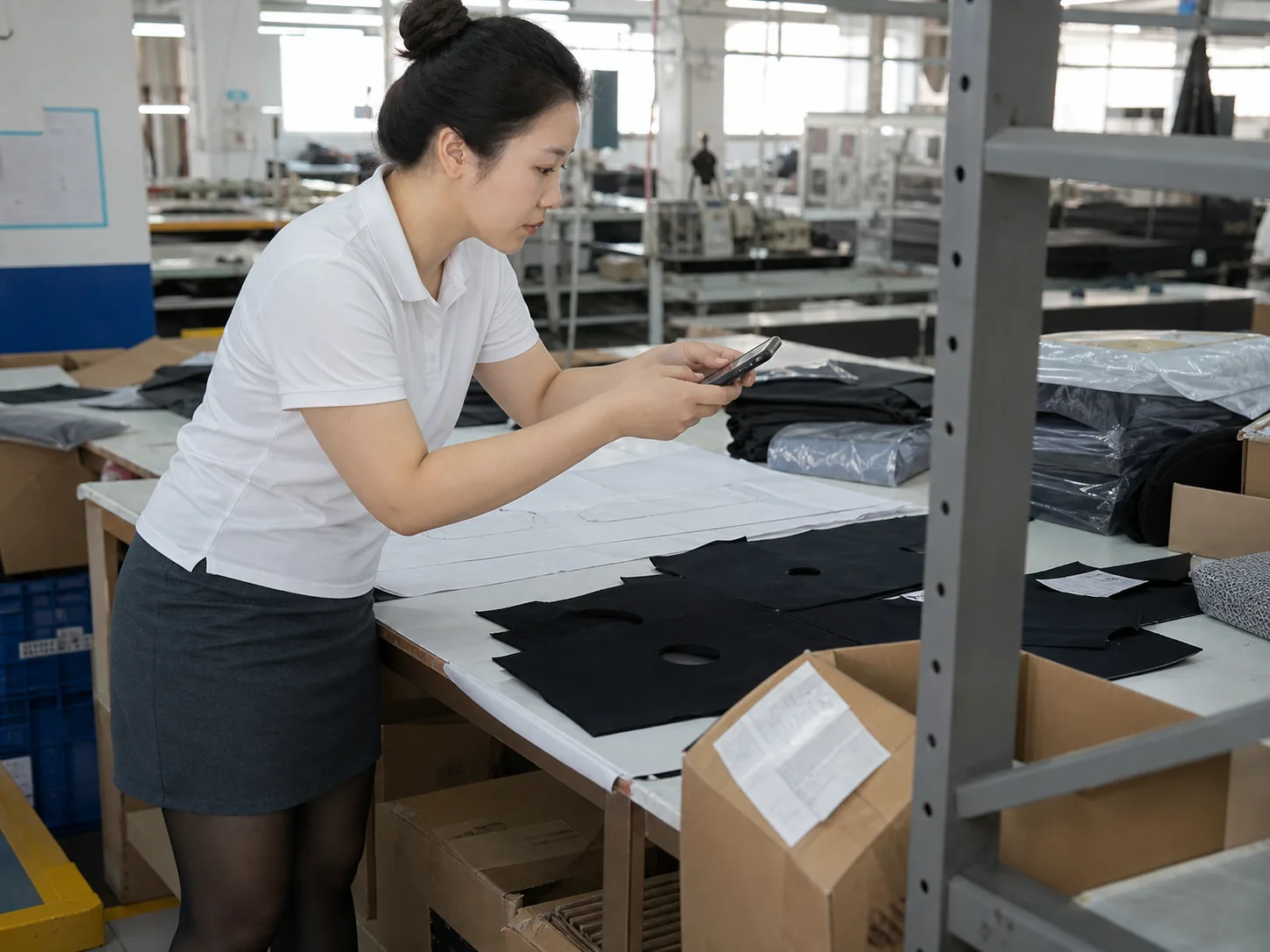 自媒体拍摄人员记录面料加工材料替代与图纸部件核对现场