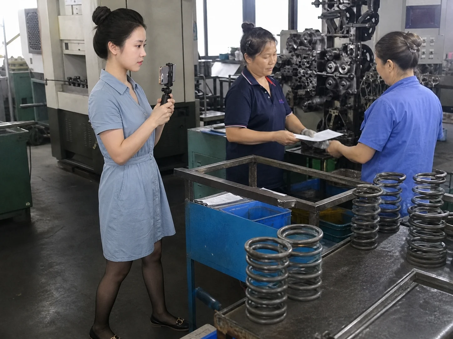 自媒体拍摄人员记录精密弹簧生产工序交接现场
