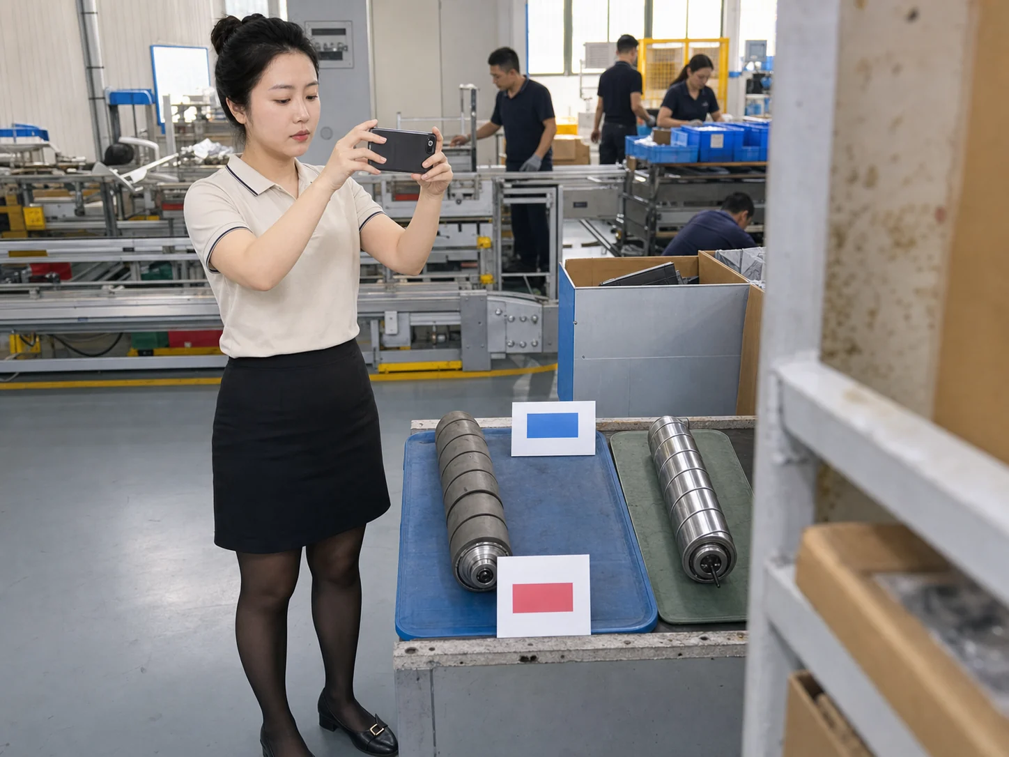 自媒体拍摄人员记录输送机加工异常品隔离与样品复核现场