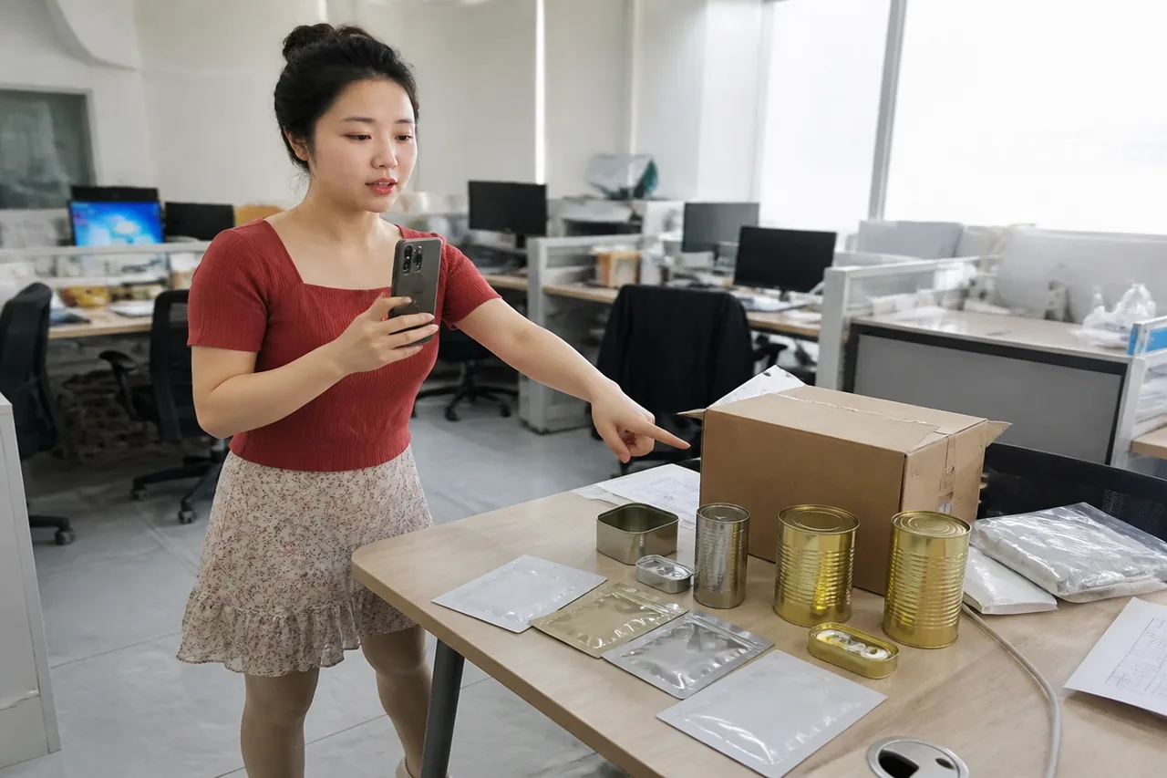 自媒体拍摄人员记录罐头代工出口需求清单与实物样品核对现场