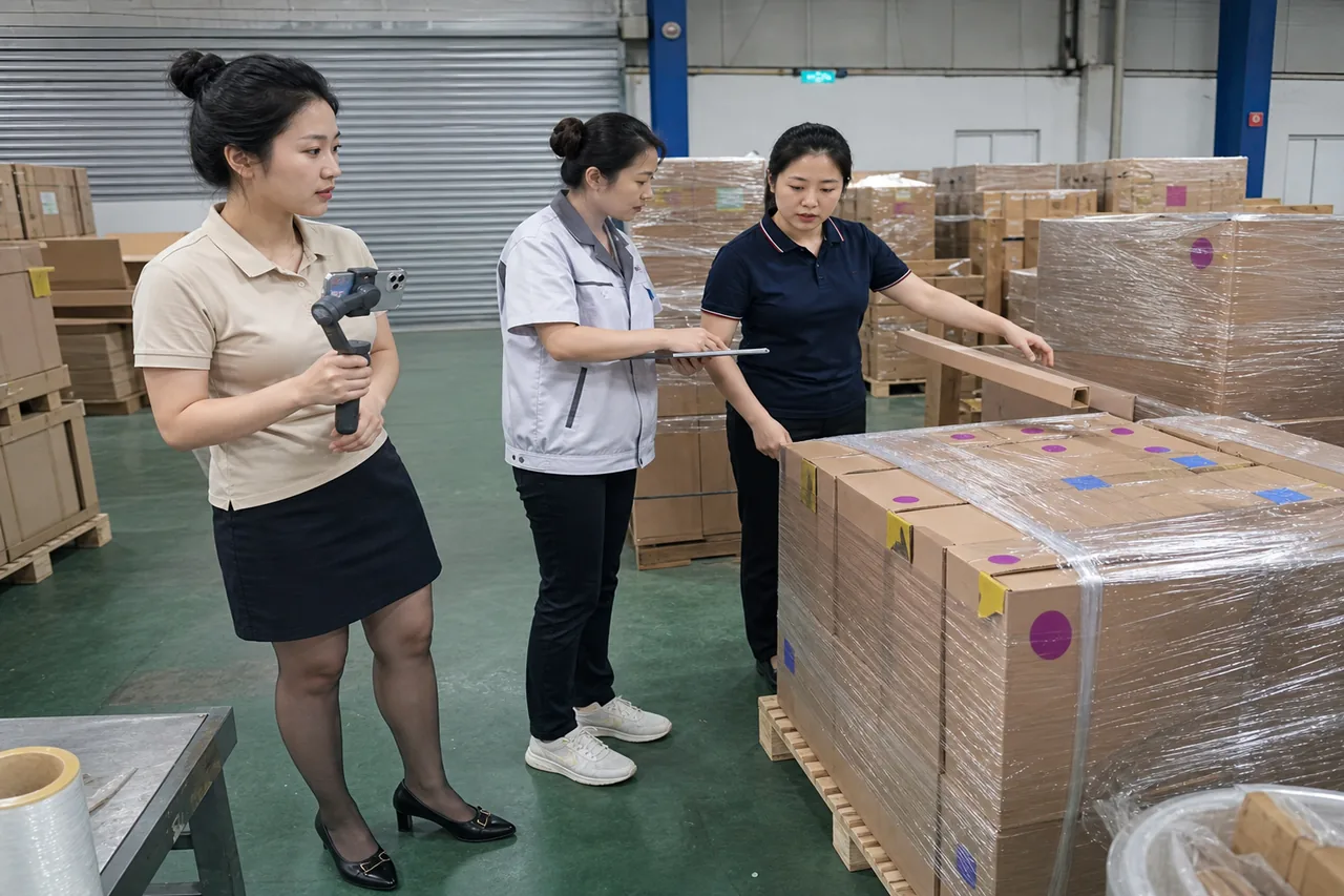自媒体拍摄人员记录专线运输加工异常货物隔离与发运复核现场
