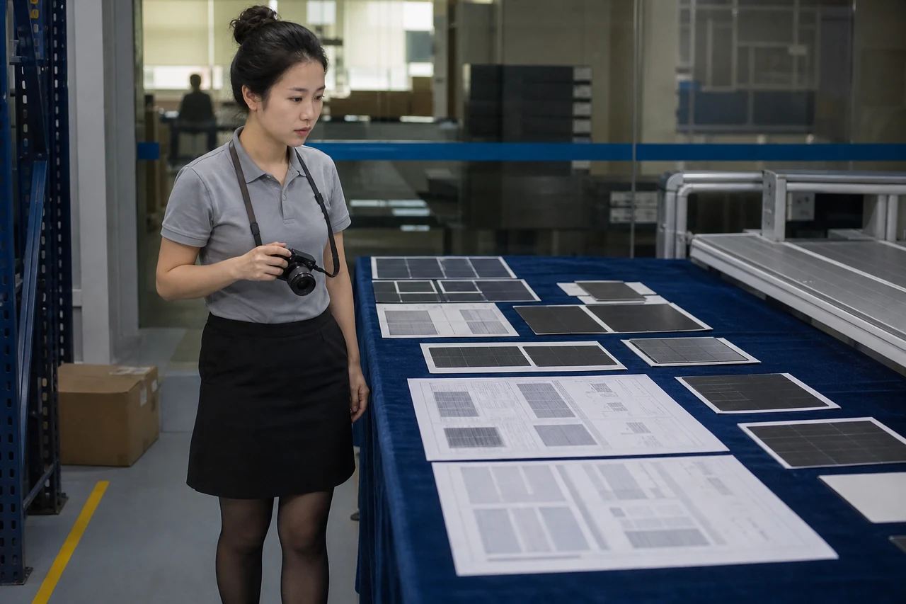 采购负责人核对太阳能电池代工替代材料样品与图纸BOM