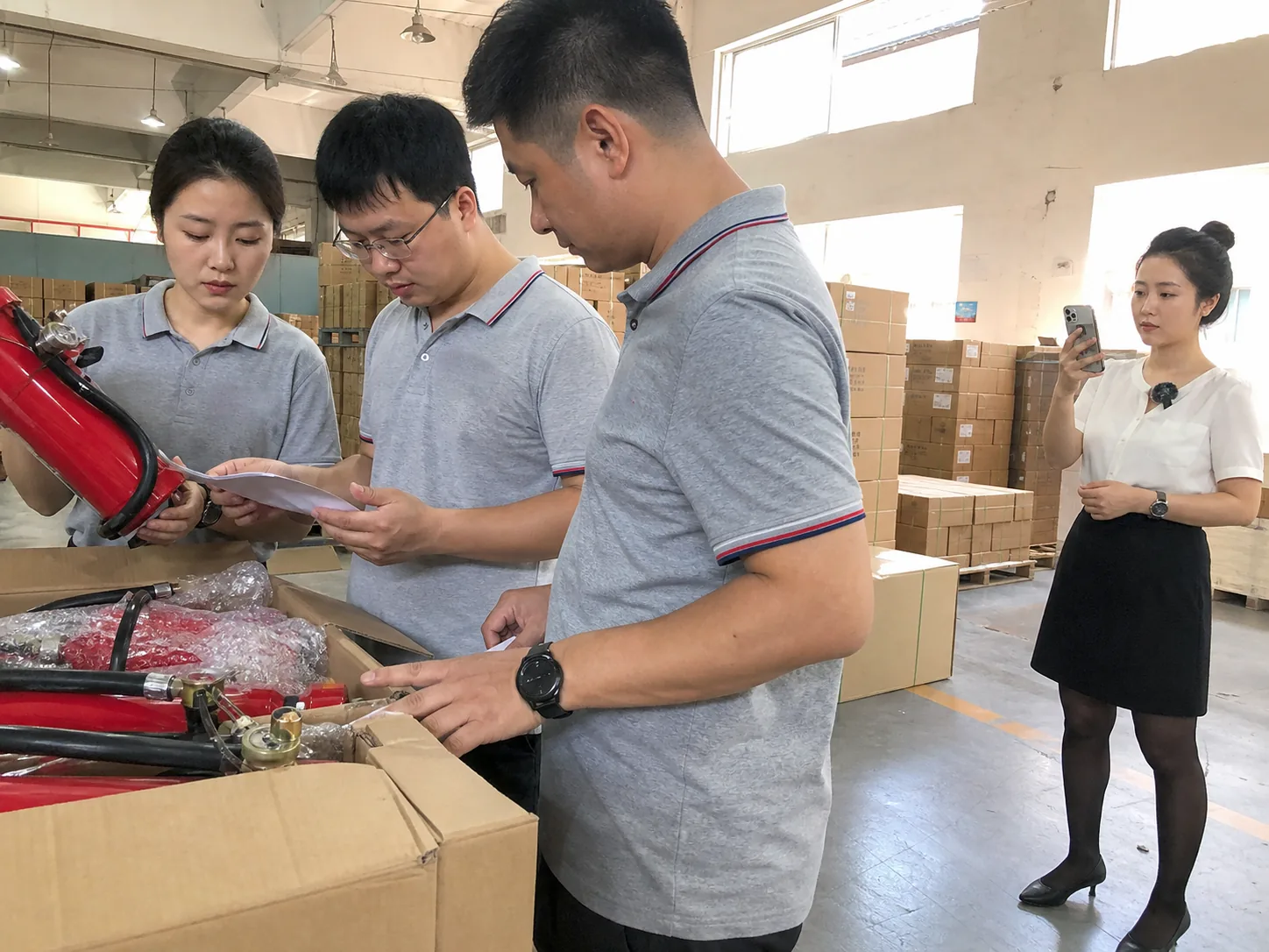 自媒体拍摄人员记录灭火器代工包装防护与发运条件核对现场