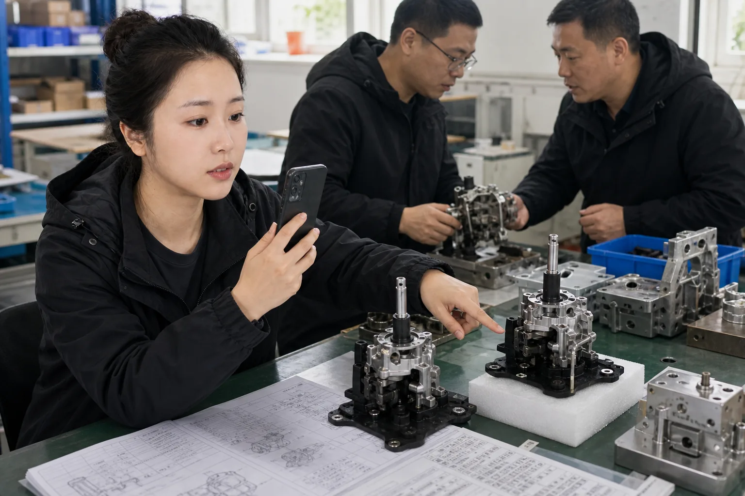 自媒体拍摄人员在样品台记录换挡机构定制样品与报价资料